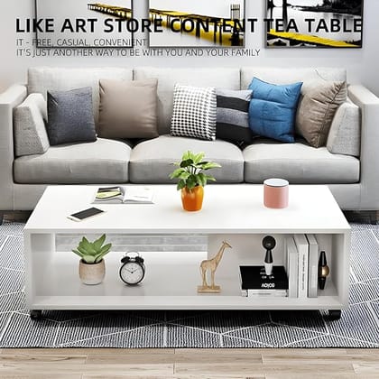 Wooden Coffee Table, Centre Table, Drawing Room Table, Tea Table with Wheels and Shelf for Storage (DIY, 80 x 40 x 40 cm, MOCT-R92101) (White Mist)