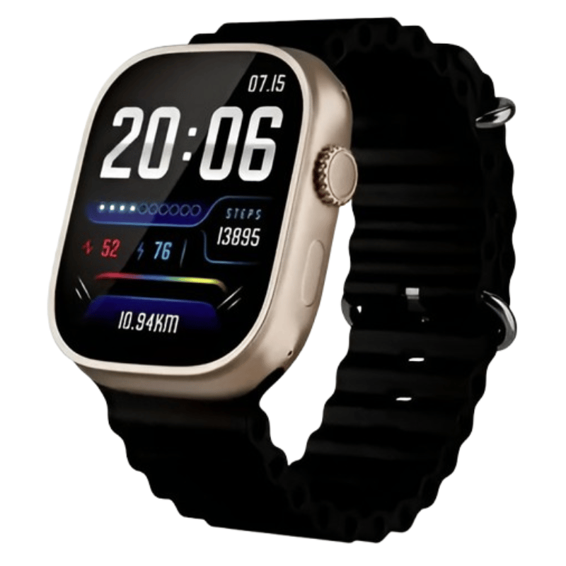 Premium Gold Frame Smartwatch with Black Silicone Strap & Fitness Tracker