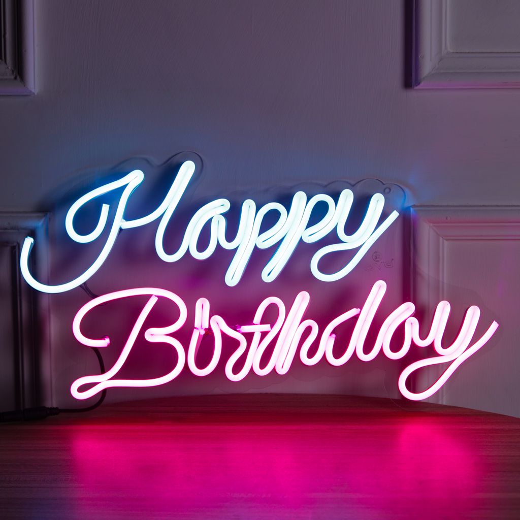 OVG Happy Birthday Neon Sign 12x18 Inch Blue, Pink LED Light, Neon Light for Birthday Parties and Gifts (Adapter Included)