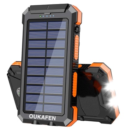 OUKAFEN Outdoor Solar Power Bank 30000mAh with LED Flashlight & Compass - Rugged Portable Charger For All  SmartPhones