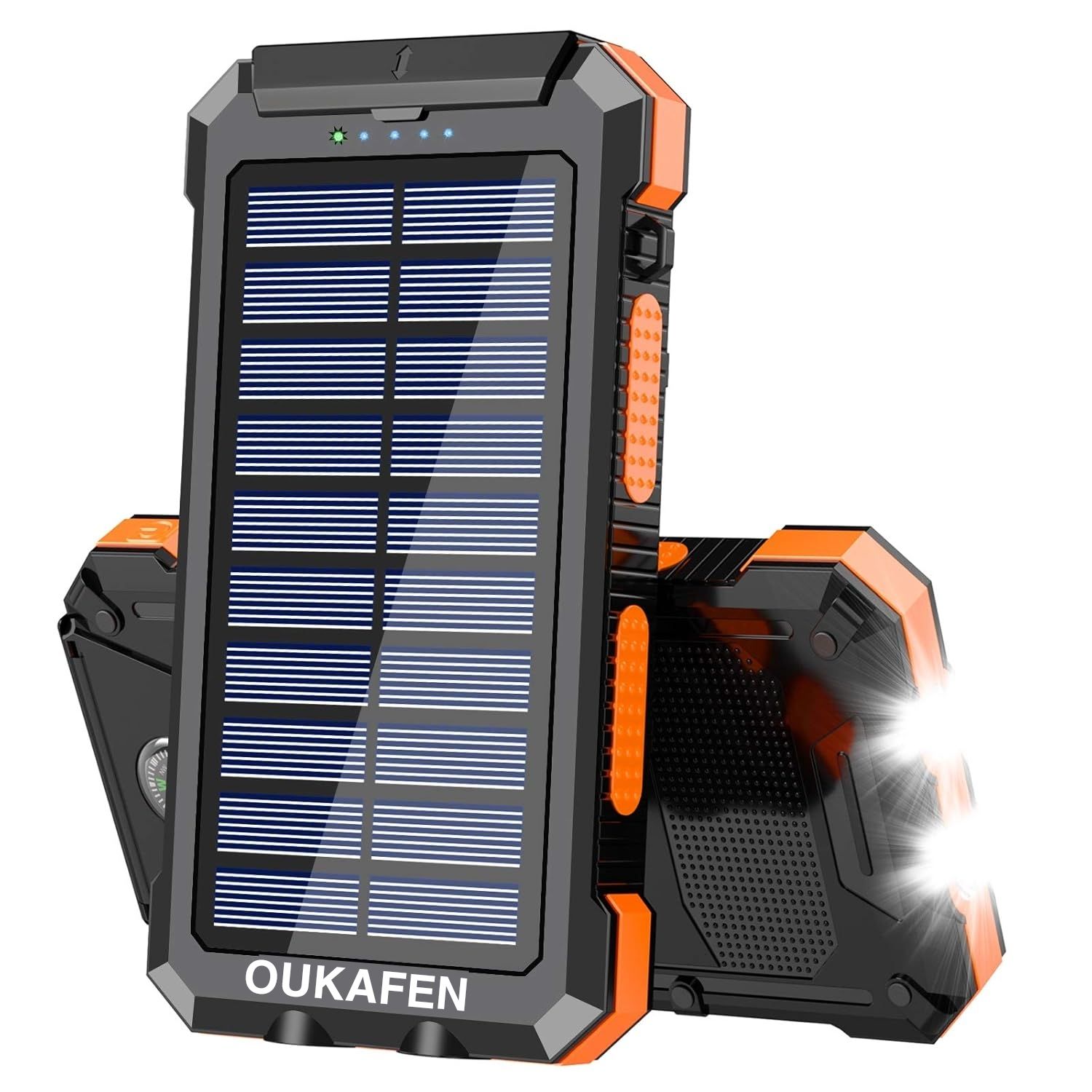 OUKAFEN Outdoor Solar Power Bank 30000mAh with LED Flashlight & Compass - Rugged Portable Charger For All SmartPhones