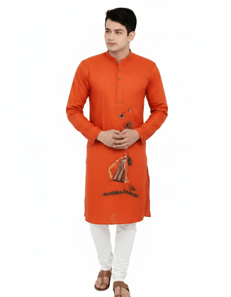 Vintage Folk Designed Kantha Stitched Pure Cotton Kurta for Men