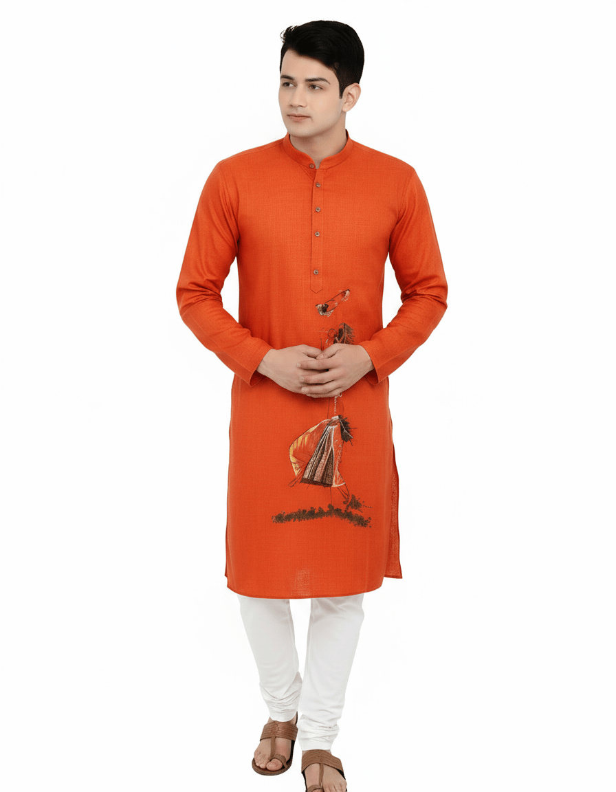 Vintage Folk Designed Kantha Stitched Pure Cotton Kurta for Men