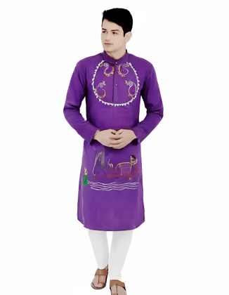 Classic Folk Designed Kantha Stitched Pure Cotton Kurta for Men