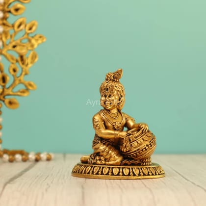 Premium Adorable Pure Brass Makhan Chor Baby Krishna Idol - 3.8 inch Height