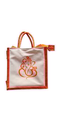 Ganesha Om Jute Canvas Return Gift Bag with Zipper | Eco-Friendly Pooja Tote