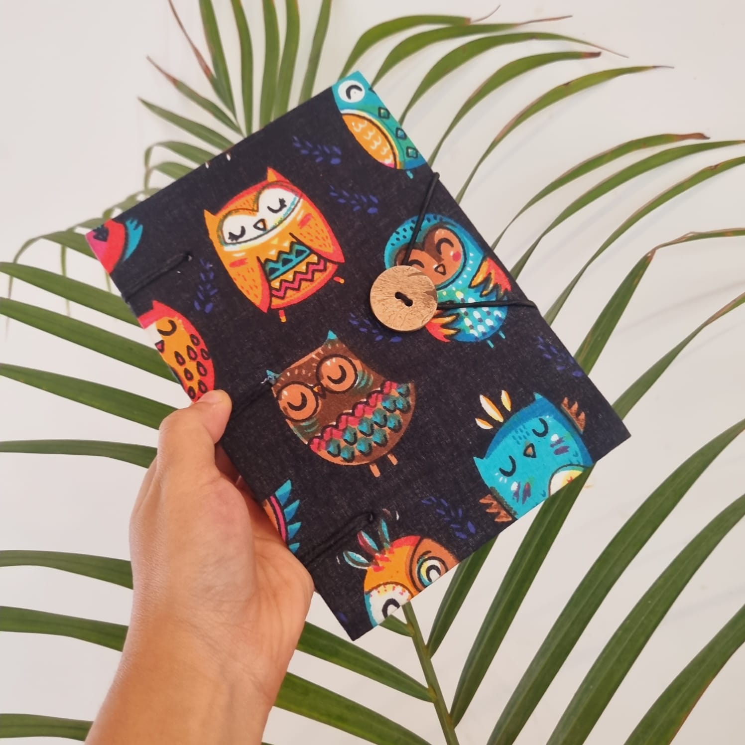 Handmade Owl Print Eco-Friendly Diary with Wooden Button Closure