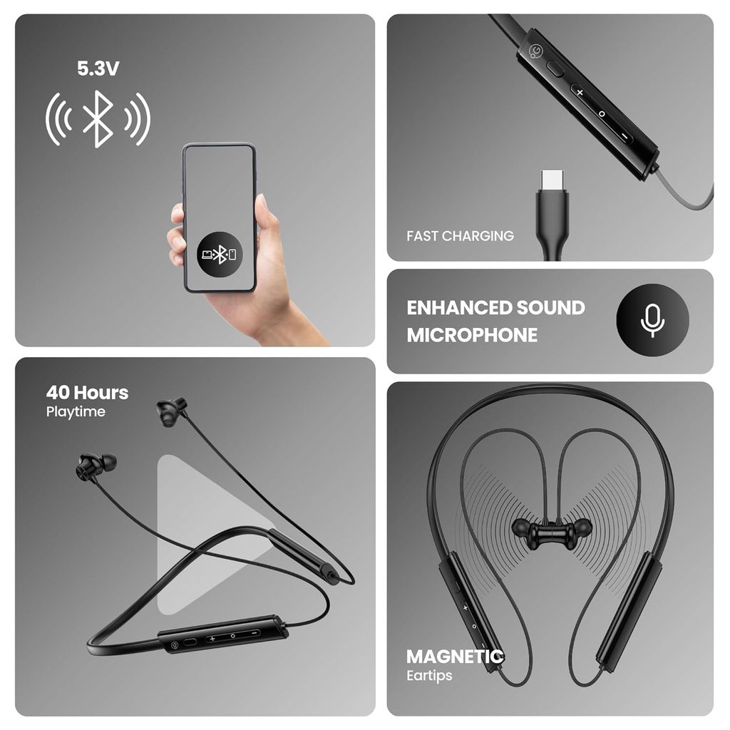 OOGE Tune 21 Wireless Neckband  – Bluetooth 5.3, 40 Hours Playtime, Type-C Fast Charging, AI ENC Noise Cancellation, Magnetic Earbuds, IPX3 Water Resistant, 1500-Hour Standb