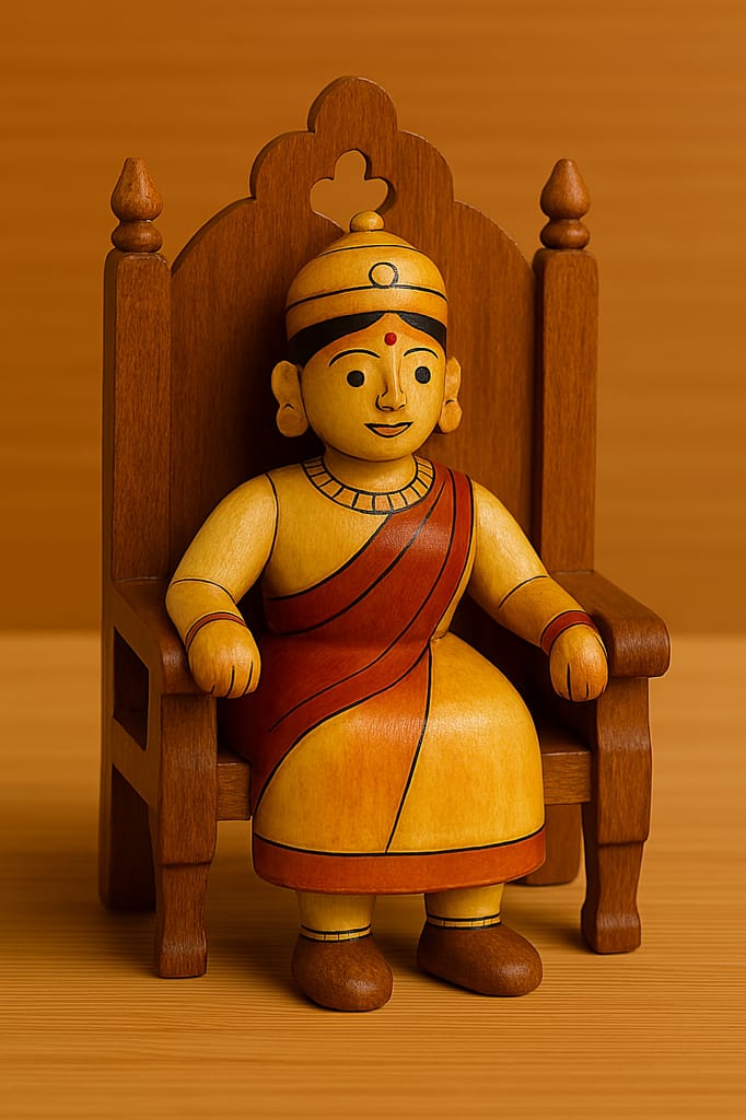 Handcrafted Wooden Figurine on Ornate Chair - Traditional Decorative Art Piece