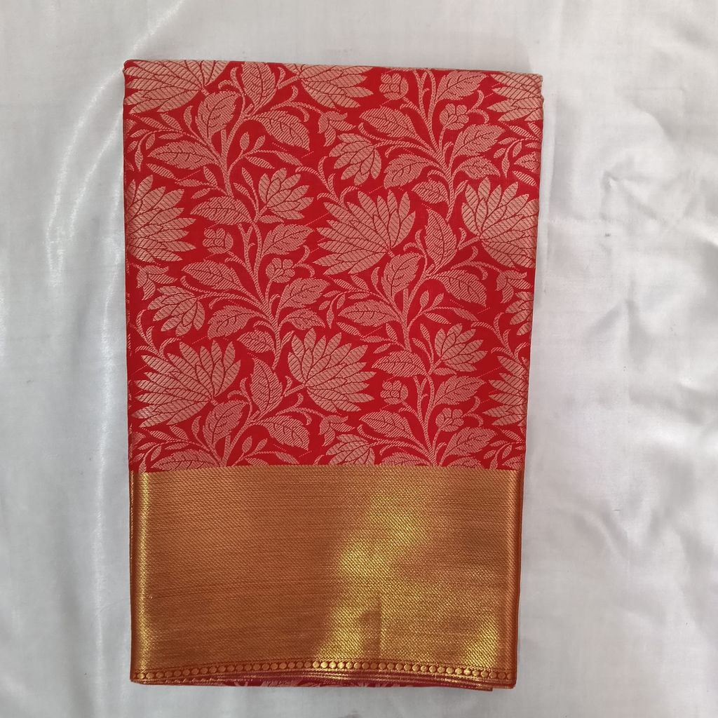 Vibrant Red Silk Saree with Golden Zari Floral Weave & Rich Border