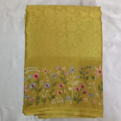 Mustard Yellow Silk Blend Saree with Colorful Floral Embroidery Border