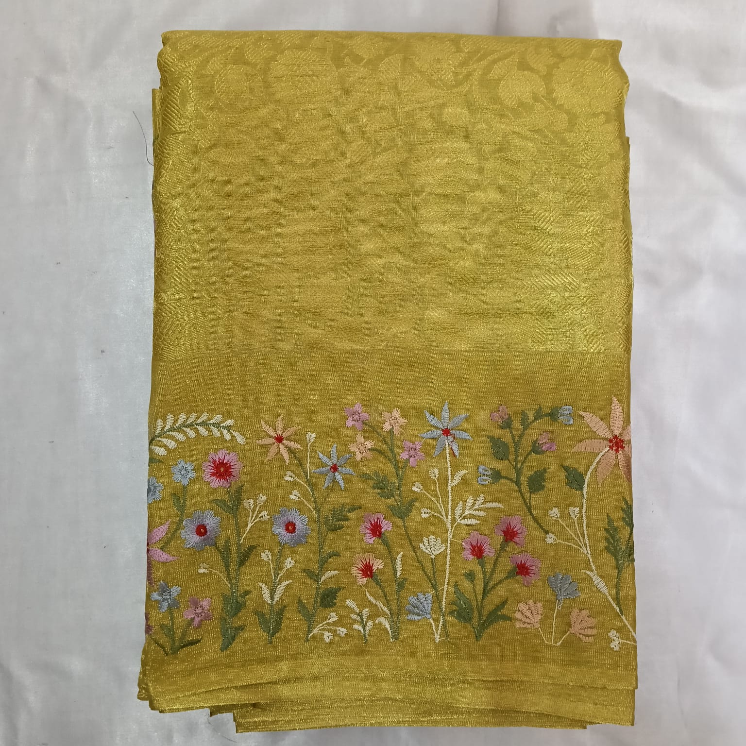Mustard Yellow Silk Blend Saree with Colorful Floral Embroidery Border