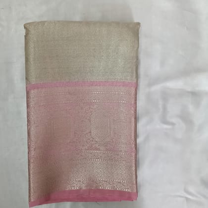 Luxurious Gold Beige & Pink Silk Blend Saree with Intricate Zari Weave
