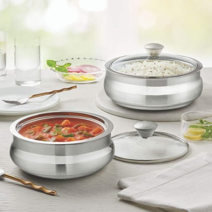 Borosil Stainless Steel Striped Handi Server with Glass Lid | Serving Pot | Dahi Containers | Corrosion Resistance Biryani Pot - Set of 2 (Silver, 800ml + 1.2L)