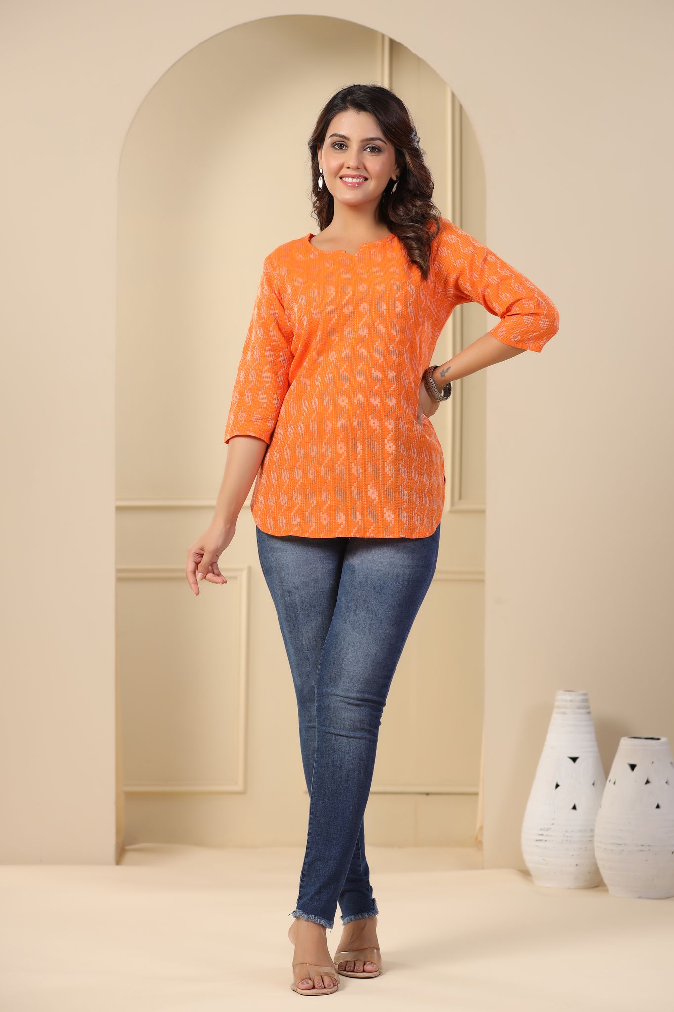 Women's Orange Cotton Ikat Print Short Kurti Top