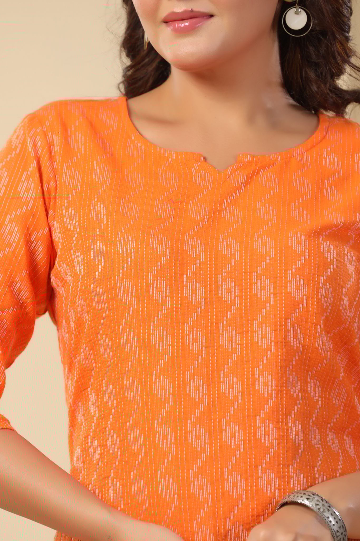 Women's Orange Cotton Ikat Print Short Kurti Top