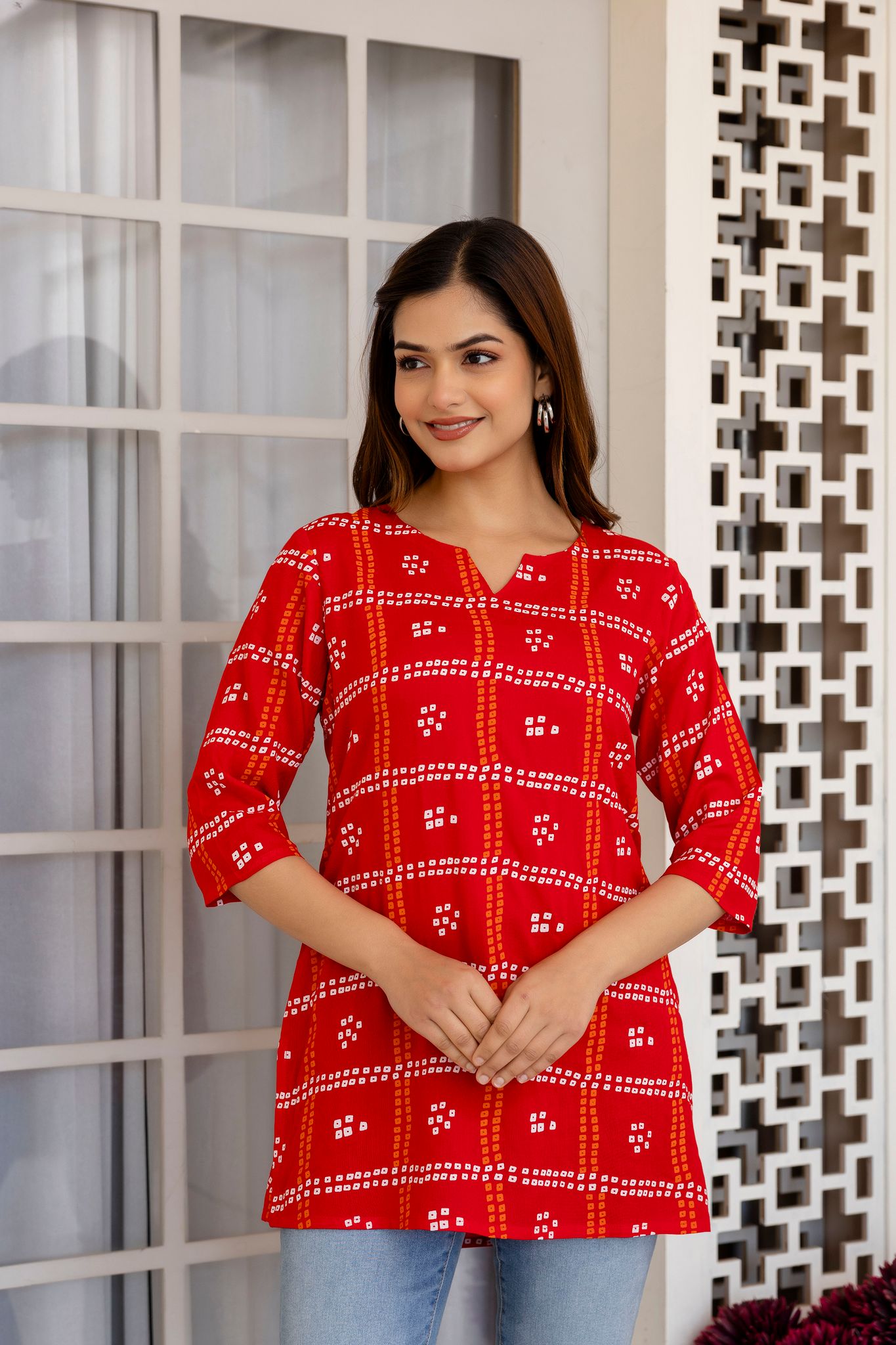 Women's Red Bandhani Print Cotton Tunic Kurta