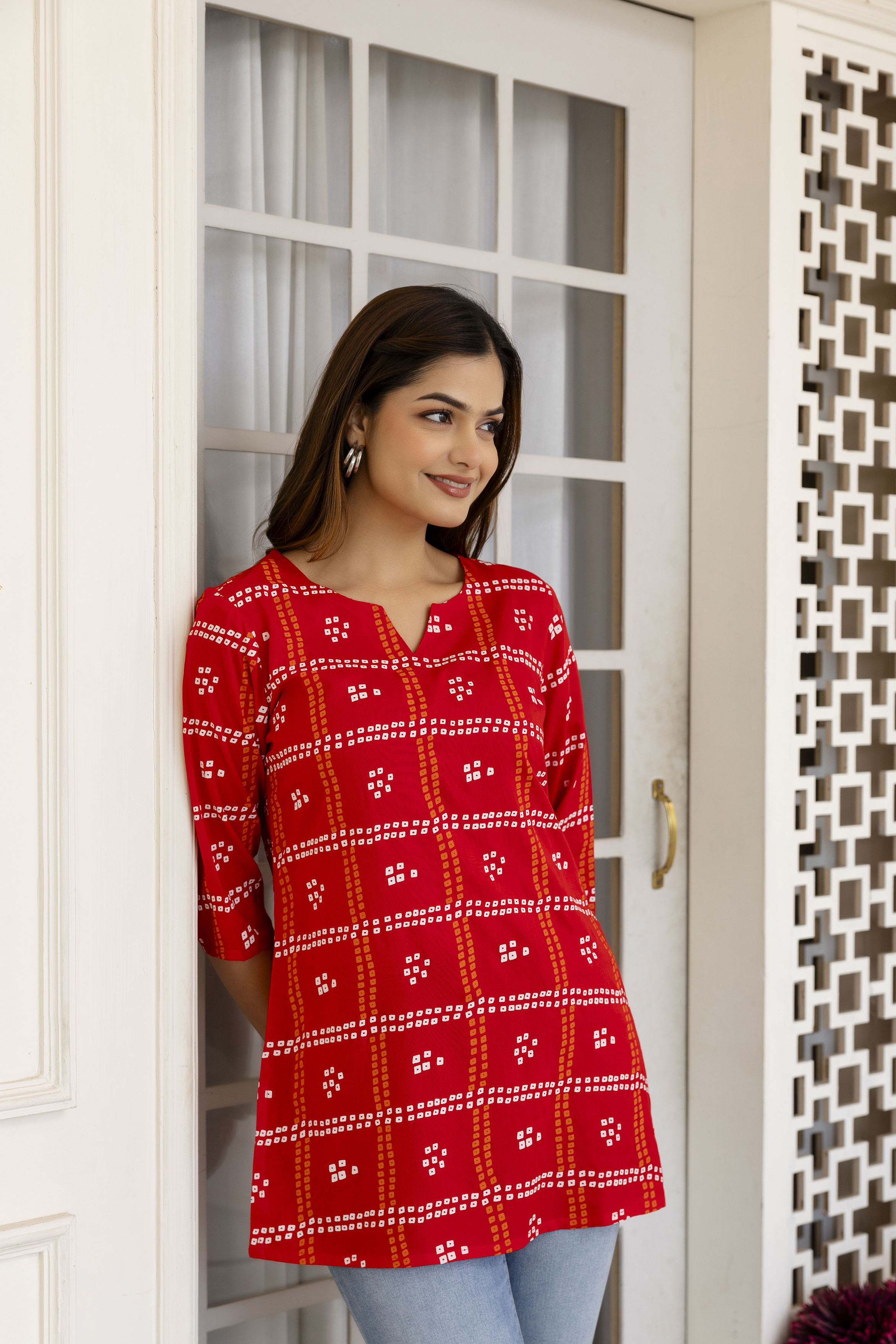 Women's Red Bandhani Print Cotton Tunic Kurta