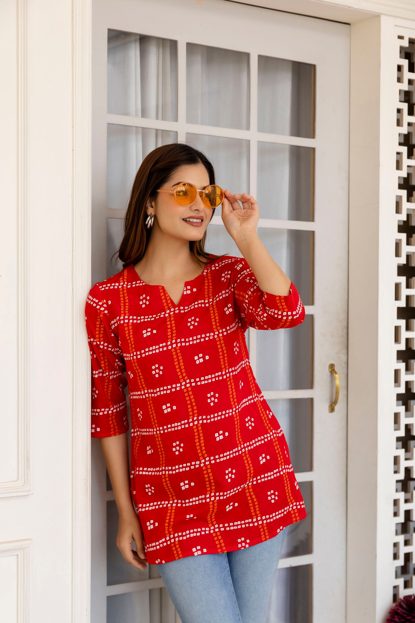 Women's Red Bandhani Print Cotton Tunic Kurta