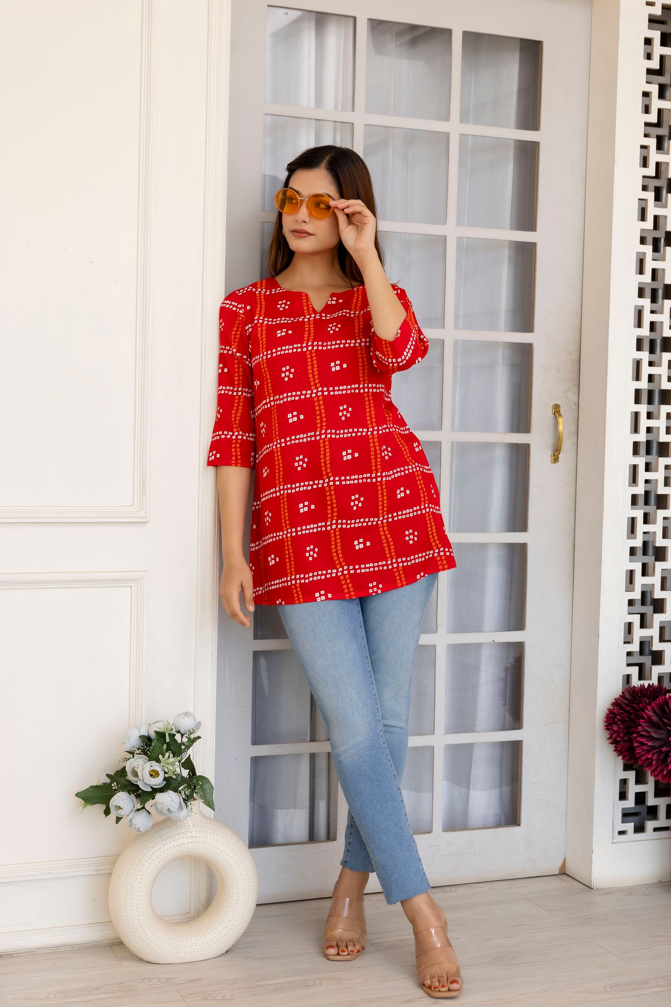 Women's Red Bandhani Print Cotton Tunic Kurta