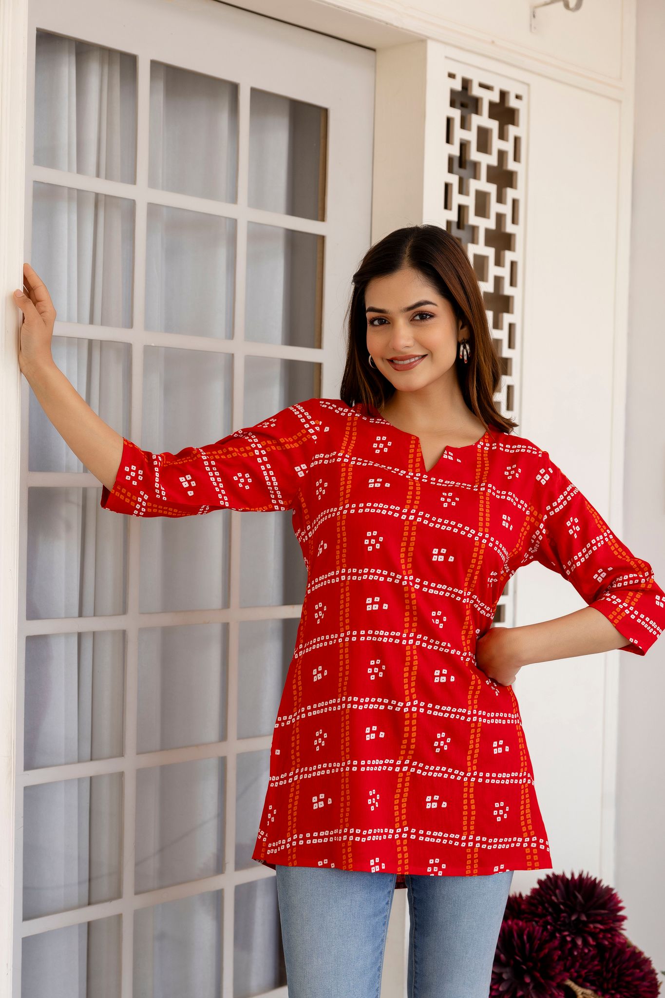 Women's Red Bandhani Print Cotton Tunic Kurta