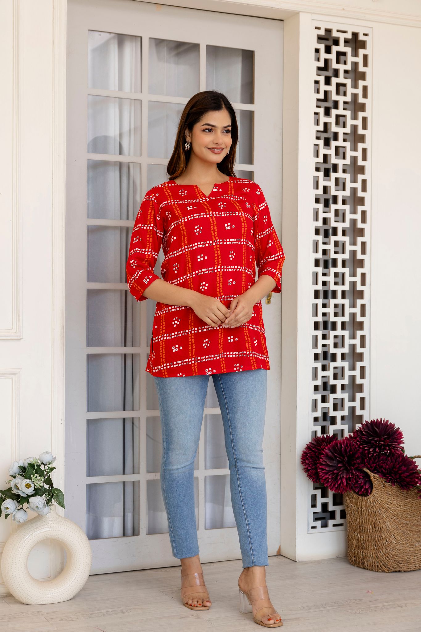 Women's Red Bandhani Print Cotton Tunic Kurta