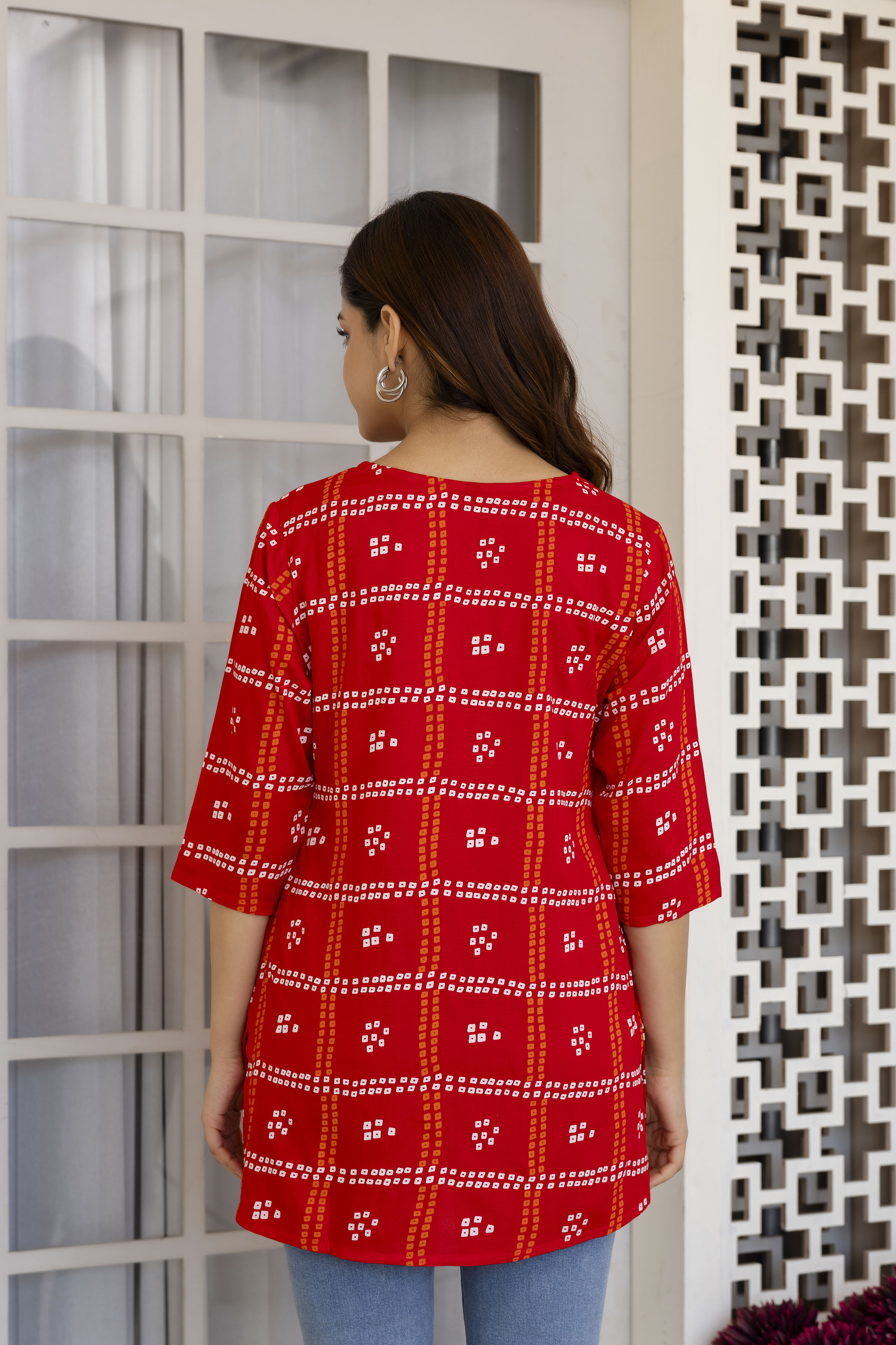 Women's Red Bandhani Print Cotton Tunic Kurta