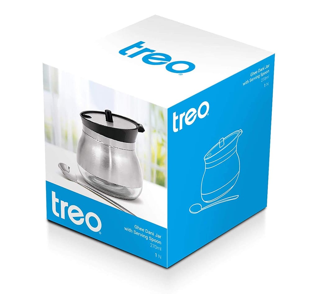 Treo Ghee Dani Storage Jar With Spoon, 270 Ml(Stainless Steel;Glass) - Silver