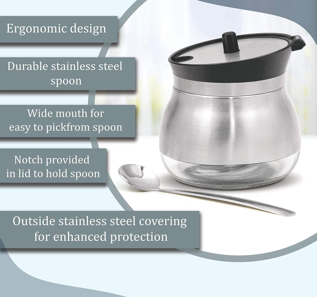 Treo Ghee Dani Storage Jar With Spoon, 270 Ml(Stainless Steel;Glass) - Silver