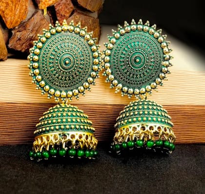 Traditional Green Oxidized Gold Plated Jhumka Earrings