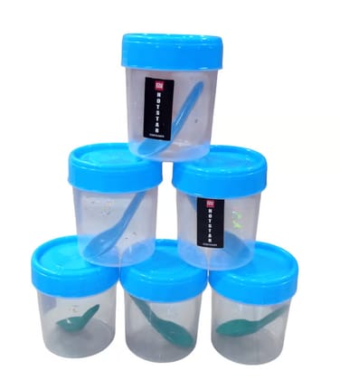Set of 6 Clear Plastic Storage Containers with Blue Lids and Spoons -Nandikotkuru