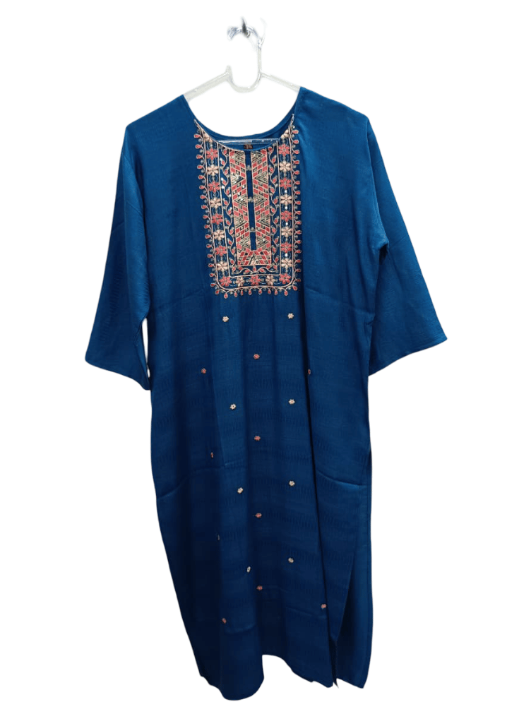 Elegant Blue Embroidered Women's Kurta with Neckline Detailing & 3/4 Sleeves