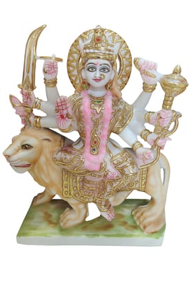 Handcrafted White Marble Durga Maa Statue on Lion