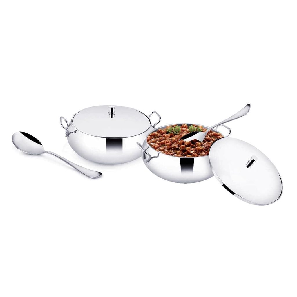 POGON Supremo Stainless Steel Serving Set Bowl with Lid and Spoon, 4 Pieces, Silver