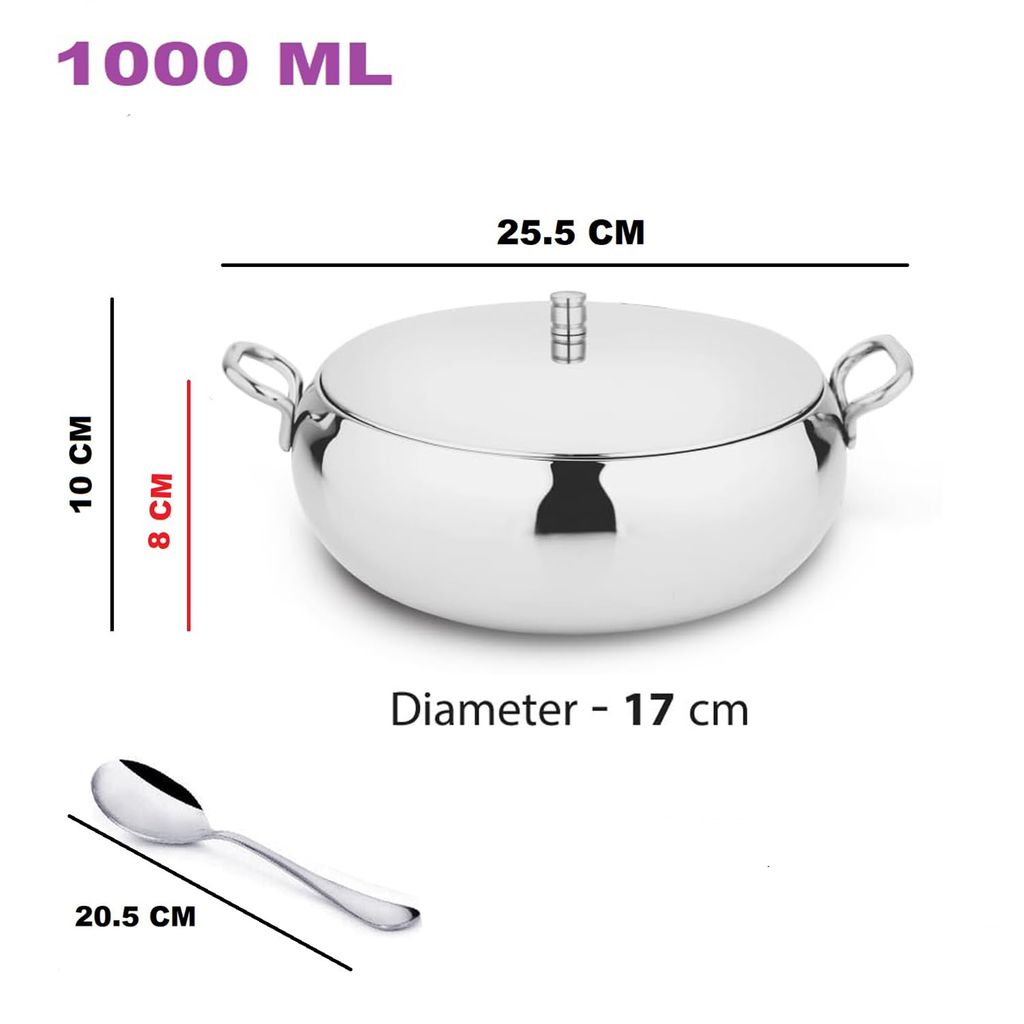 POGON Supremo Stainless Steel Serving Set Bowl with Lid and Spoon, 4 Pieces, Silver