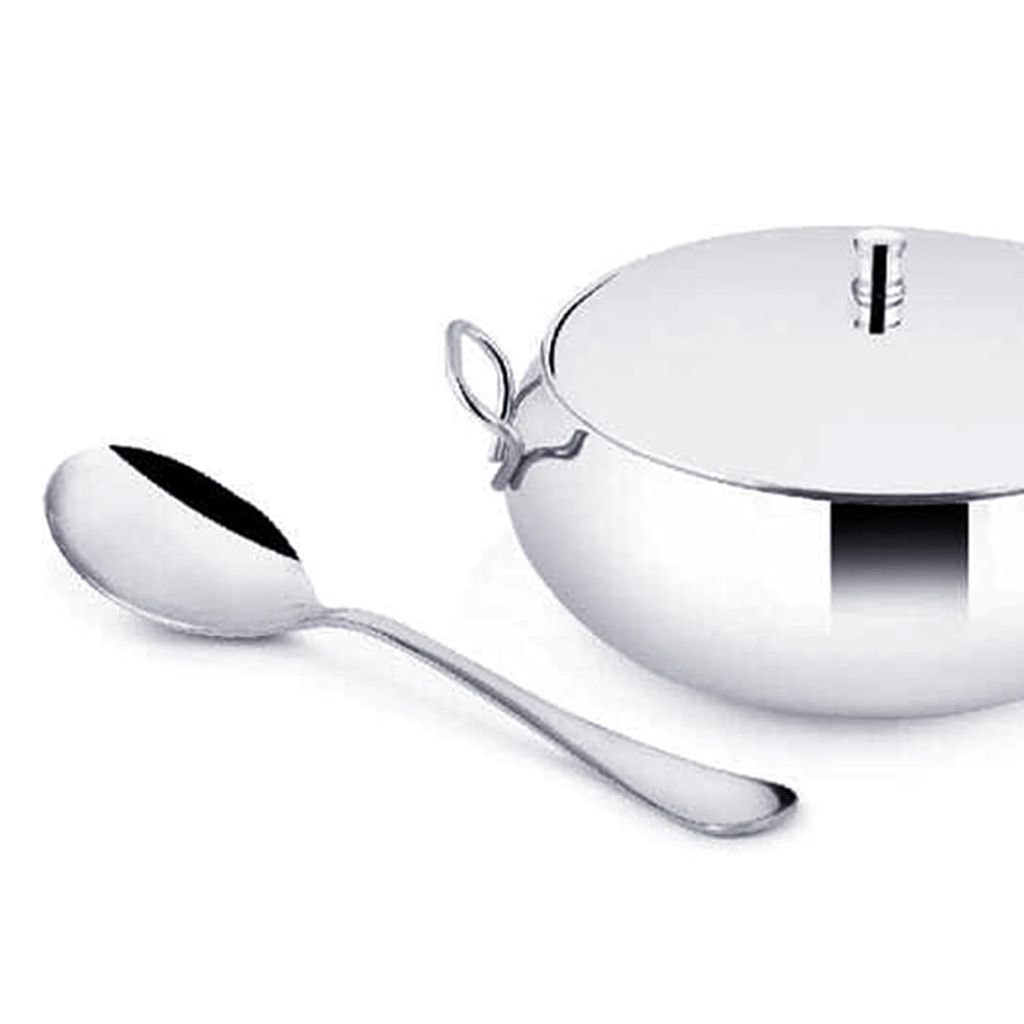 POGON Supremo Stainless Steel Serving Set Bowl with Lid and Spoon, 4 Pieces, Silver