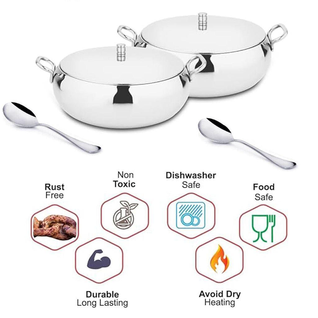 POGON Supremo Stainless Steel Serving Set Bowl with Lid and Spoon, 4 Pieces, Silver