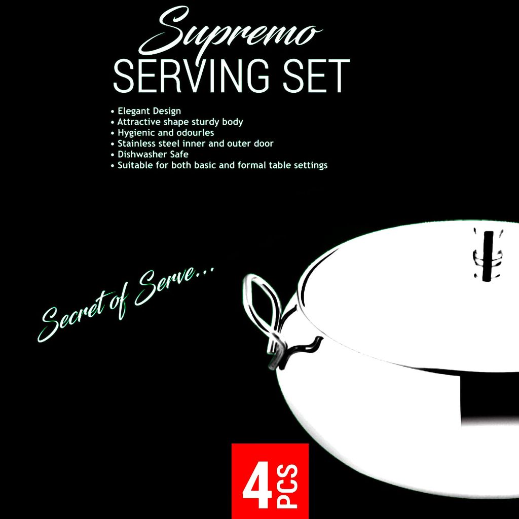 POGON Supremo Stainless Steel Serving Set Bowl with Lid and Spoon, 4 Pieces, Silver
