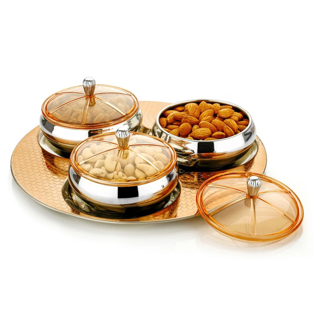 POGON Royal Festival Stylish Snacks and Dry Fruit Serving Bowls with Tray, Brown, (Pack of 4)