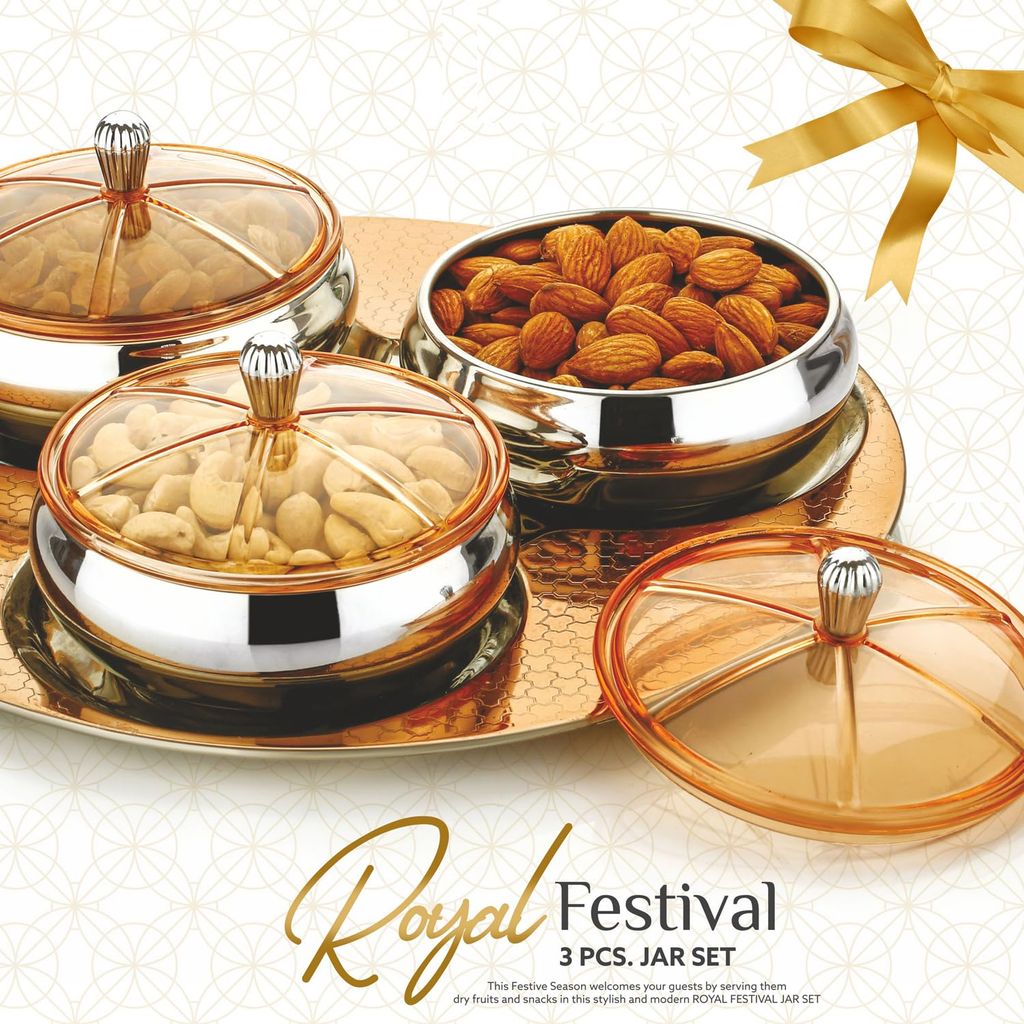 POGON Royal Festival Stylish Snacks and Dry Fruit Serving Bowls with Tray, Brown, (Pack of 4)