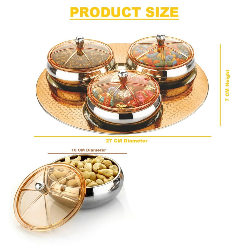 POGON Royal Festival Stylish Snacks and Dry Fruit Serving Bowls with Tray, Brown, (Pack of 4)