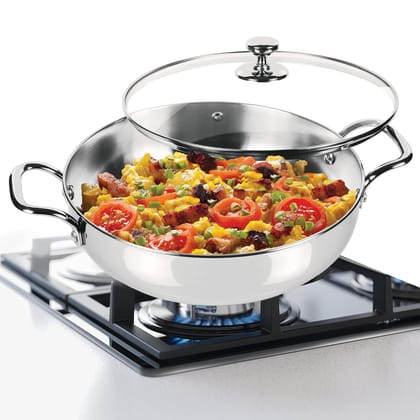 MILTON Pro cook Stainless Steel Kadhai with Glass Lid, 22 cm / 2 litres, Sandwich Bottom Cookware, Induction and Gas Stove Friendly Kadai for Cooking, Deep Frying, Stir-Fry, Sauté