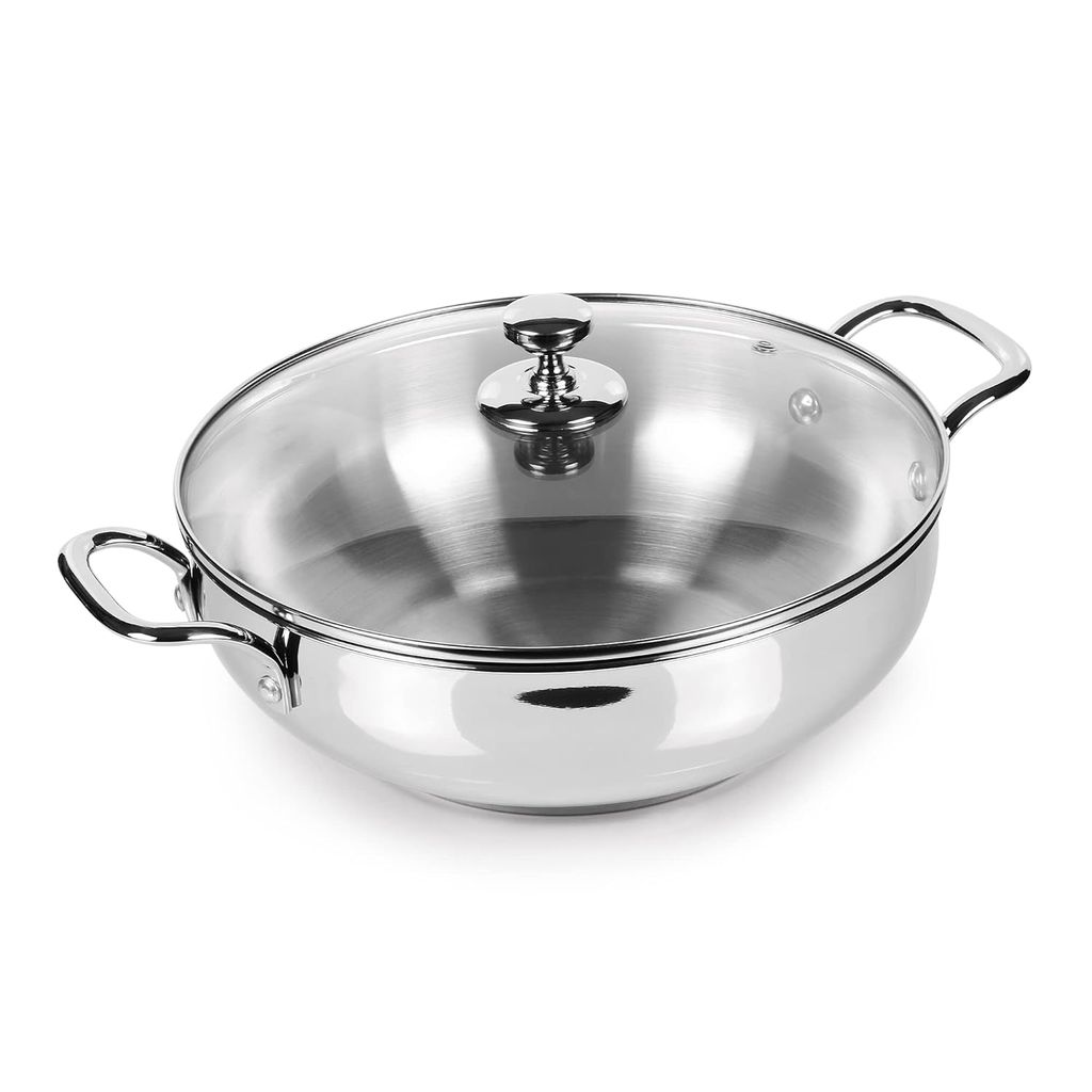 MILTON Pro cook Stainless Steel Kadhai with Glass Lid, 20 cm / 1.68 litres, Sandwich Bottom Cookware, Induction and Gas Stove Friendly Kadai for Cooking, Deep Frying, Stir-Fry, SautΓ©