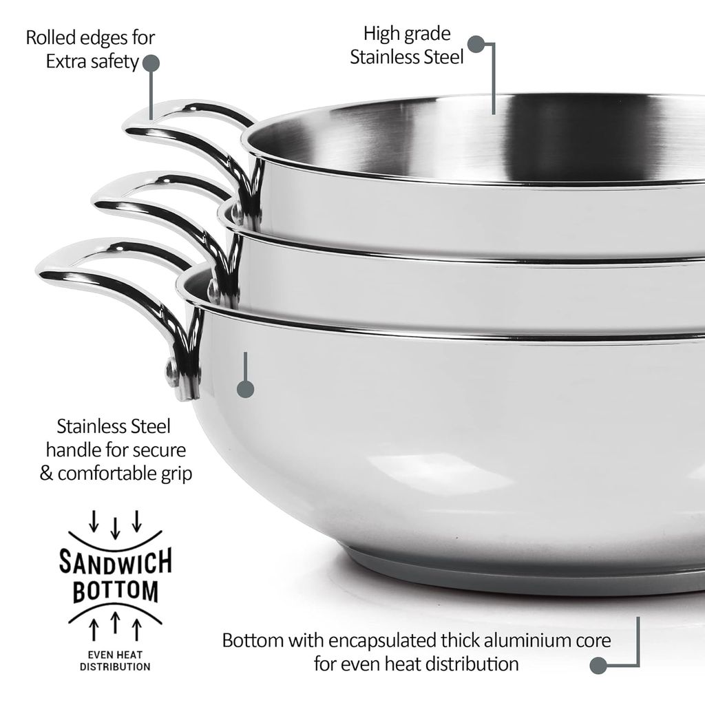 MILTON Pro cook Stainless Steel Kadhai with Glass Lid, 20 cm / 1.68 litres, Sandwich Bottom Cookware, Induction and Gas Stove Friendly Kadai for Cooking, Deep Frying, Stir-Fry, SautΓ©