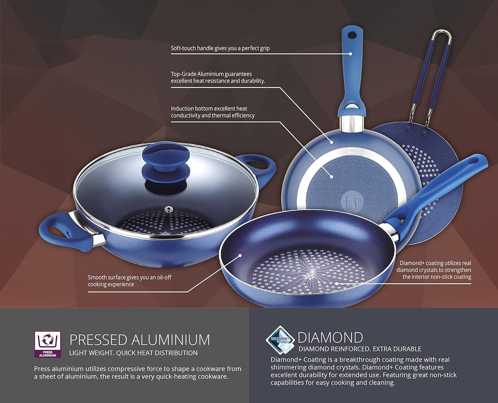 BERGNER Diamanti Aluminum Casserole with Lid, 20Cm, Blue,Non-Stick, 2.5 Liter