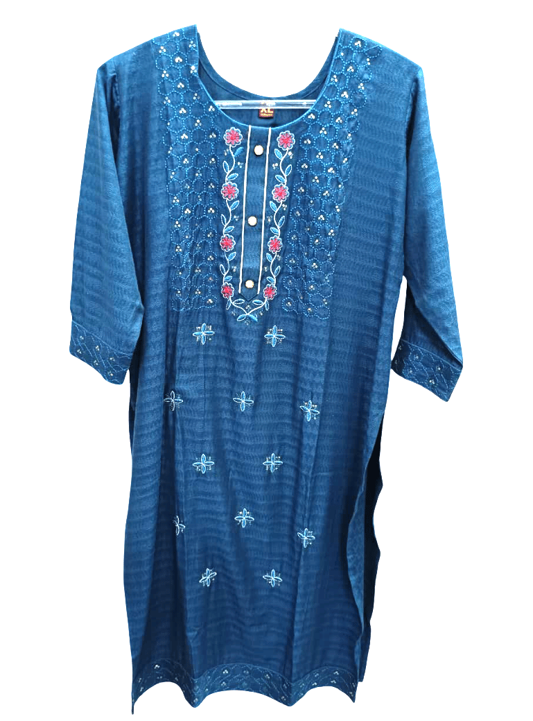 Women's Embroidered Blue Cotton Kurti - Ethnic Wear for Casual & Festive Occasions