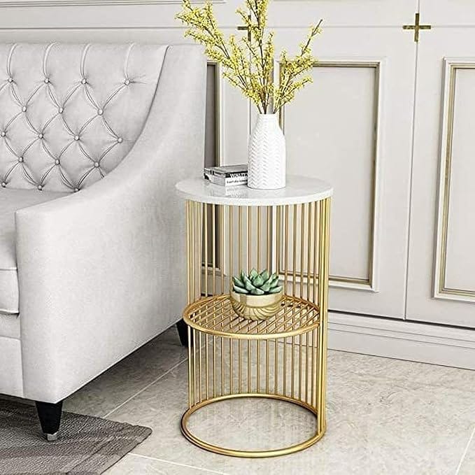 Modern Round Coffee Table End | Centre Table Wooden Top and Metal Frame 21 Jali Metal Corner Table (Golden White)