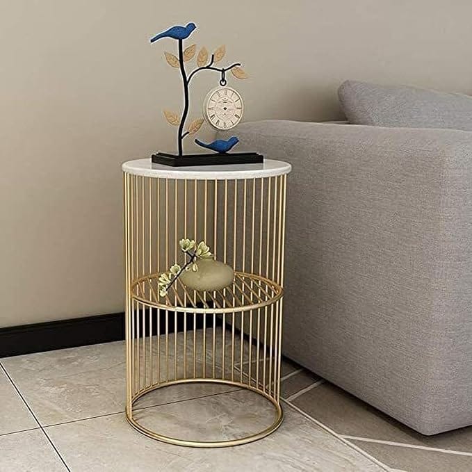 Modern Round Coffee Table End | Centre Table Wooden Top and Metal Frame 21 Jali Metal Corner Table (Golden White)