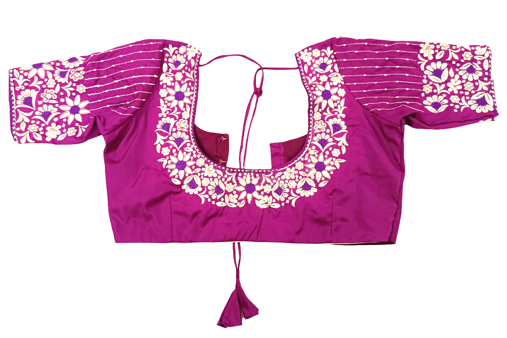 Elegant Magenta Silk Blend Blouse with Floral Embroidery