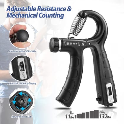 Qawvler Hand Gripper Digital Counter Adjustable (5kg - 60kg) Strengthener Men & Women for Gym Workout Solid Grip Handles Stainless Steel Spring Black (Pack of 1)